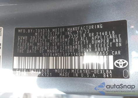 2024 Toyota Corolla Le from USA, damaged, VIN 5YFB4MDE5RP114041